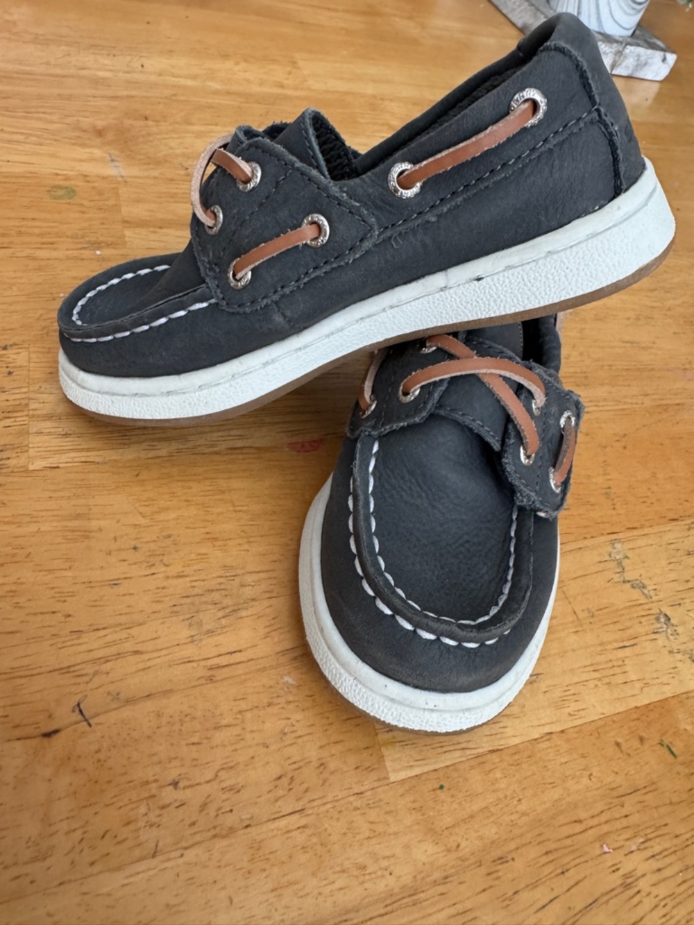 Sperry Gray Kids Boat Shoes with Brown Laces